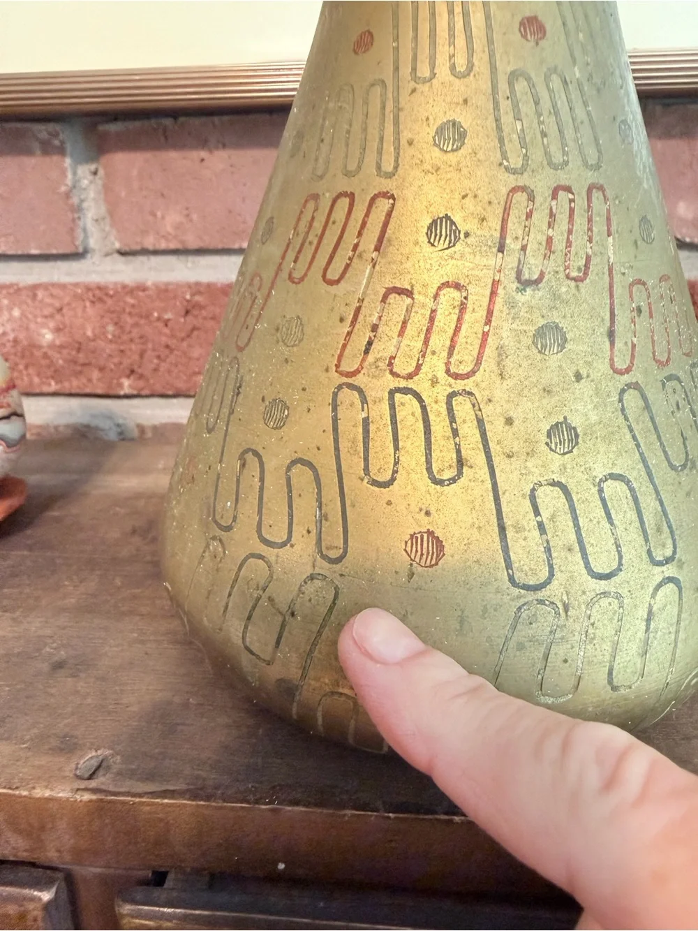 Vintage Indian Solid Brass Modernist Vase with Etched Design MCM Mod Century